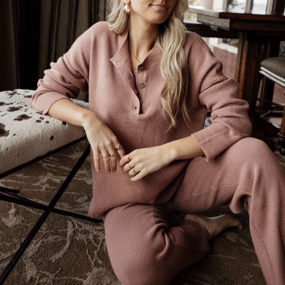 Waffle henley and wide-leg matching set.